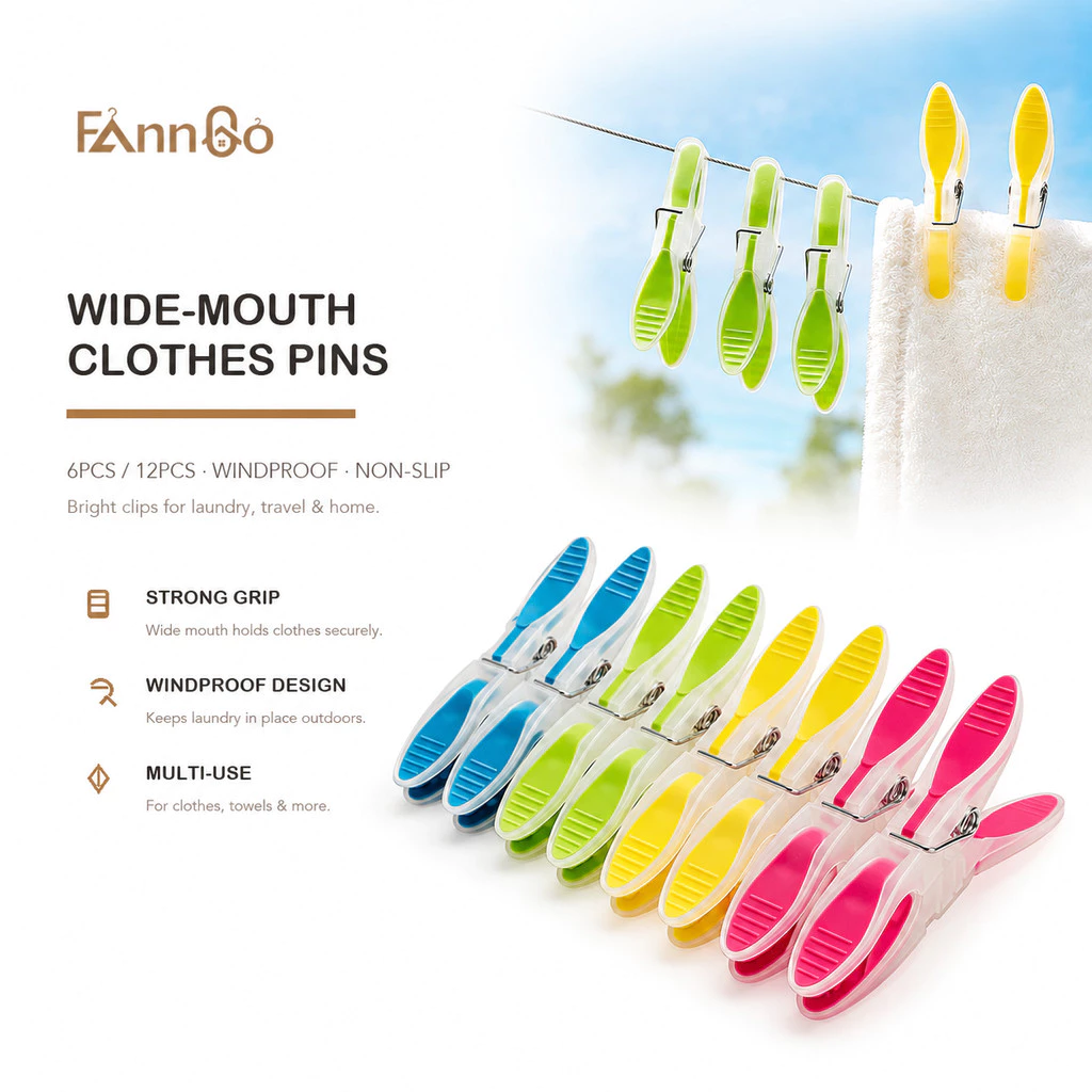 Kẹp quần áo chống trượt FannGo Strong, gói 6/12 chiếc, kẹp giặt bằng nhựa có miệng rộng, chống gió, dùng cho gia đình và du lịch.