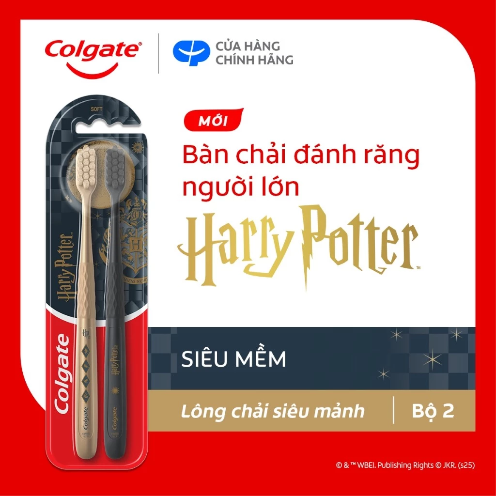 Bộ 2 Bàn chải Colgate Harry Potter cho người lớn, lông chải siêu mềm mảnh, chải sạch dịu nhẹ