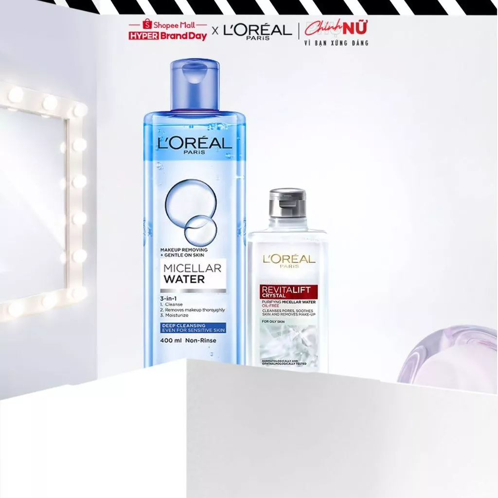 Bộ đôi nước tẩy trang làm sạch sâu và kiềm dầu Micellar Water L'Oreal Paris 400ml & 95ml