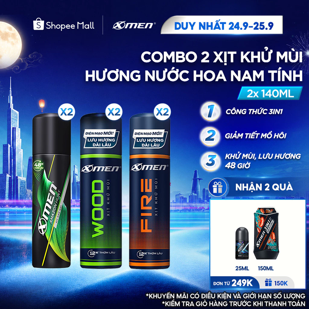 Combo 2 Xịt Khử Mùi Xmen 140ml/chai Amazon/Wood/Fire - Hương Thơm Nam Tính