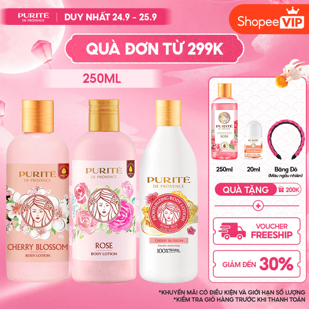 [VOUCHER SVIP 20%] Sữa Dưỡng Thể Thiên Nhiên PURITÉ Hương Hoa Anh Đào / Hoa Hồng / Sữa Ong Chúa 250ML