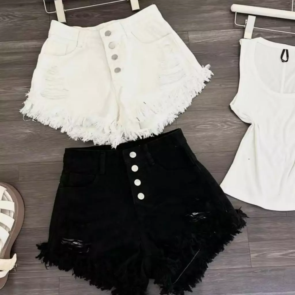 Quần sọt jeans nữ rách nhiều kiểu 4 NÚT lưng cao siêu hot