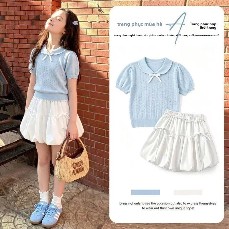 Set đồ bé gái mùa hè - Áo len cổ sen tay phồng + chân váy phong cách học đường