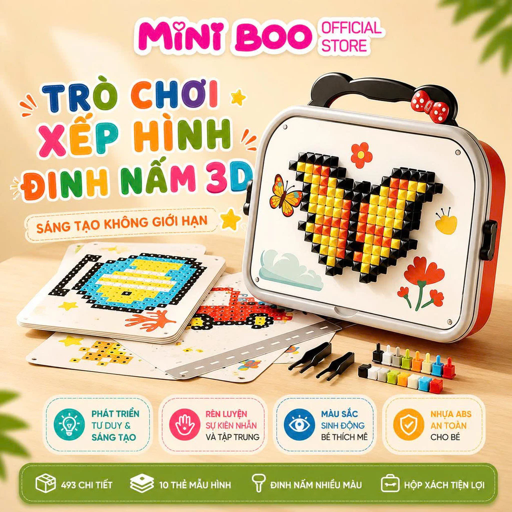 Đồ Chơi Xếp Hình Đinh Nấm 3D – Bé Học Màu Sắc, Tư Duy Logic MINI BOO