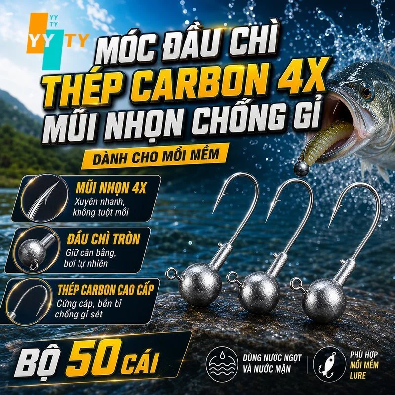 Bộ 50 Móc Đầu Chì Câu Cá Lure Thép Carbon Cao 4X Móc Nhọn Có Gai Chống Tuột Chống Gỉ