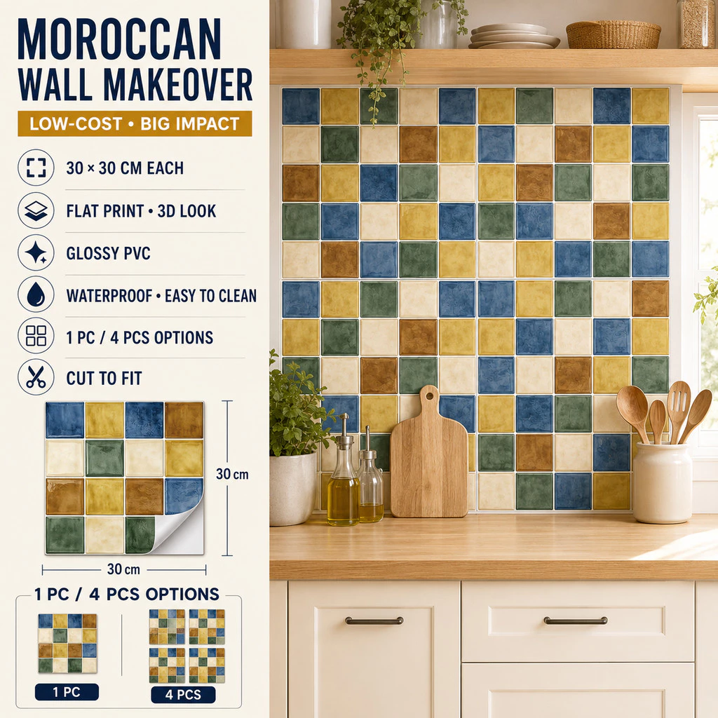 Miếng Dán Tường PVC Bóng 30x30cm Tự Dính Chống Nước Cắt Tùy Ý Họa Tiết Ma Rốc Trang Trí Phòng Ngủ Phòng Khách 1 4 Miếng