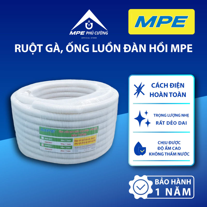 (CHÍNH HÃNG) MPE - Ruột gà ống luồn dây cáp điện, ống xoắn luồn dây điện, ống luồn đàn hồi cuộn 50m