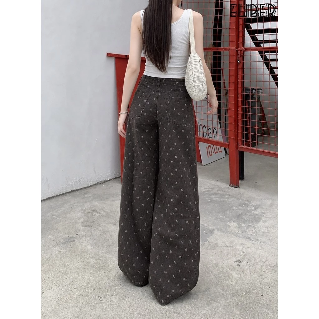ELIBER - Quần Bò ỐNg RộNg Hoa Nhỏ Màu Nâu Cà Phê Nữ Quần Ống Thẳng Cạp Cao Tôn Dáng Gầy