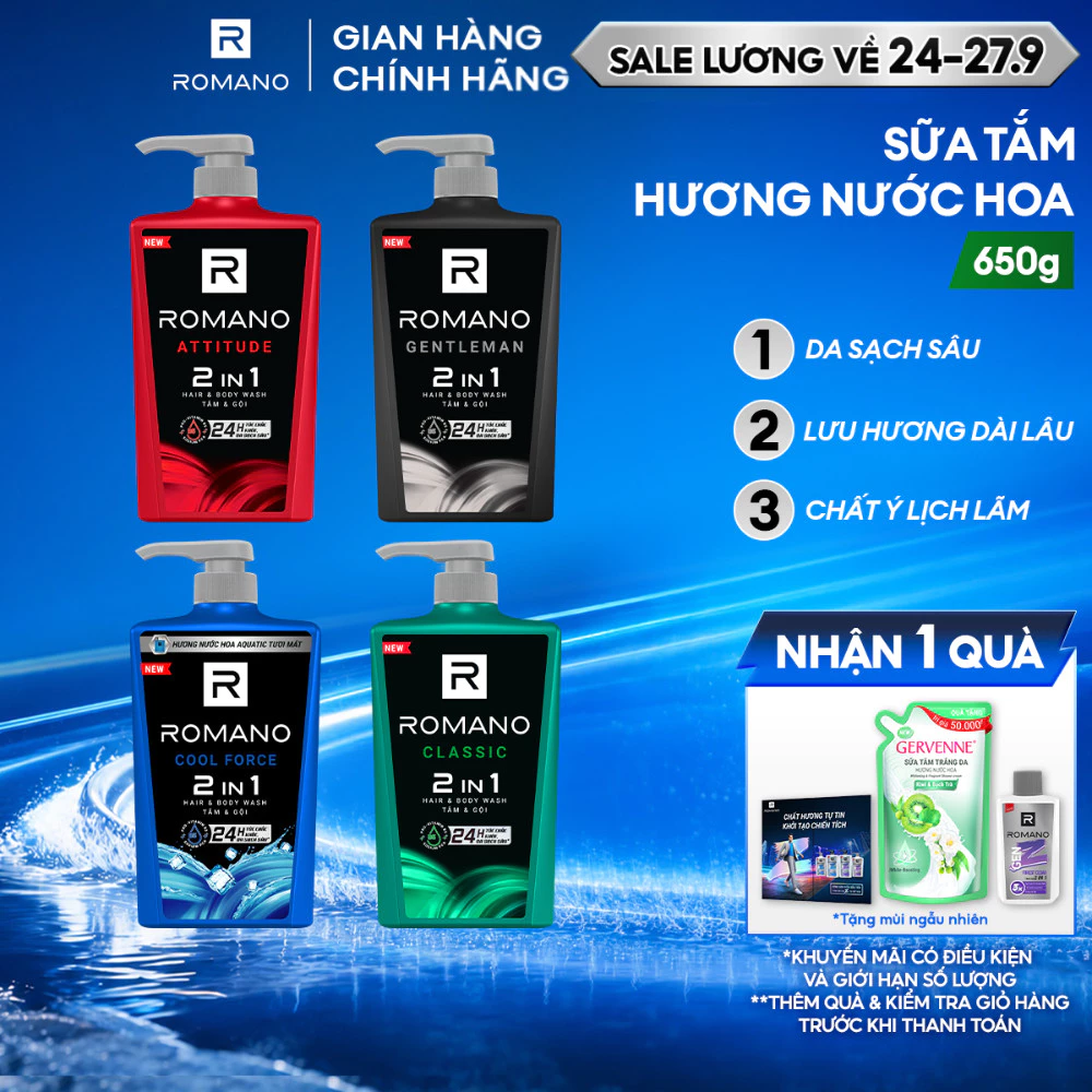 [SVIP] Sữa tắm Romano hương nước hoa Classic/ Attitude/ Cool Force/ Gentleman 650g/chai - 4 mùi hương
