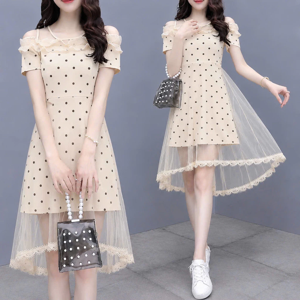Đầm Xòe Trễ Vai Phối Lưới Chấm Bi Nữ Thời Trang Dự Tiệc Sang Chảnh – Đầm Umi Dáng Xòe Tay Ngắn JANGMY2