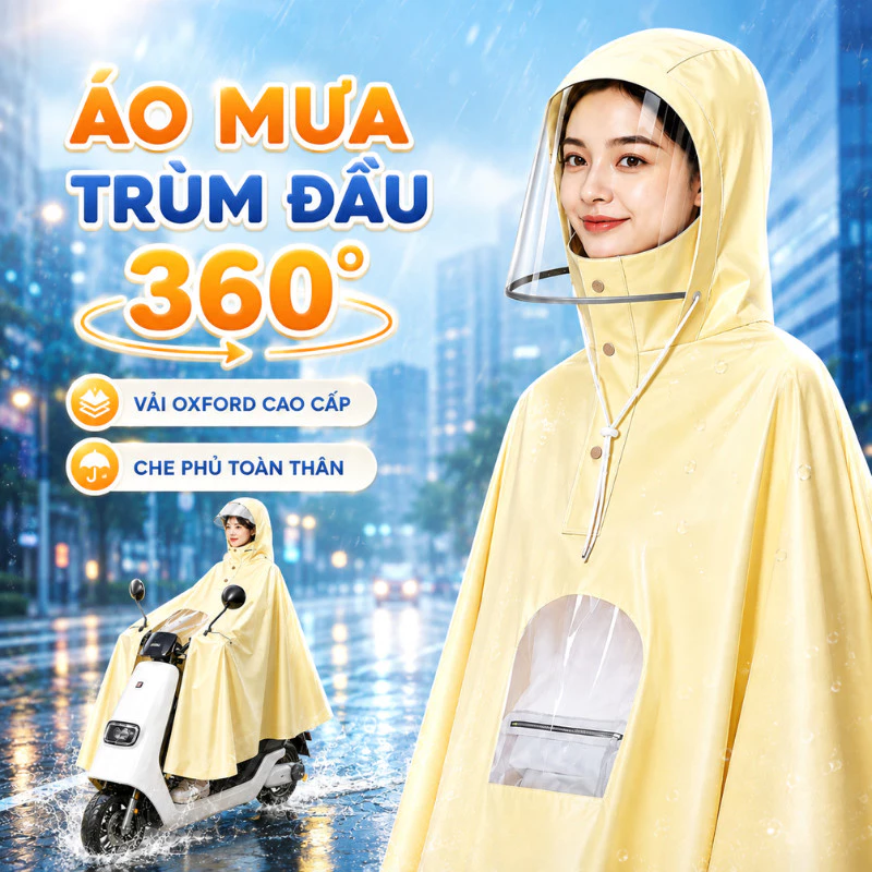 Áo Mưa 1 Đầu Đi Xe Máy Trùm Kín Toàn Diện 360 Độ Dày Dặn Vải Oxford Kèm Túi Đựng Tiện Lợi