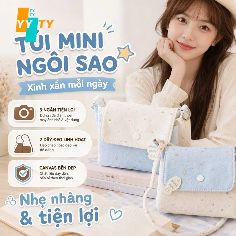 Túi Đeo Chéo Mini Canvas Họa Tiết Sao 3 Ngăn 2 Dây Đeo túi chống thấm nước đi biển