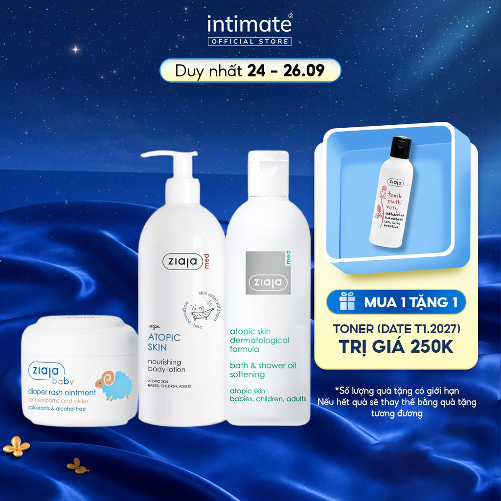 Combo Dưỡng Da Gồm Dầu Tắm Ziaja Med 270ml, Nhũ Tương 1% Urê Ziaja Med 400ml Và Kem Chống Hăm Ziaja Baby 50ml