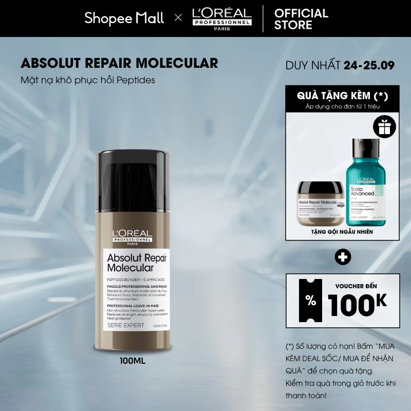 Mặt nạ khô phục hồi Peptides chuyên nghiệp cho tóc hư tổn L'Oréal Professionnel Absolut Repair Molecular 100ml