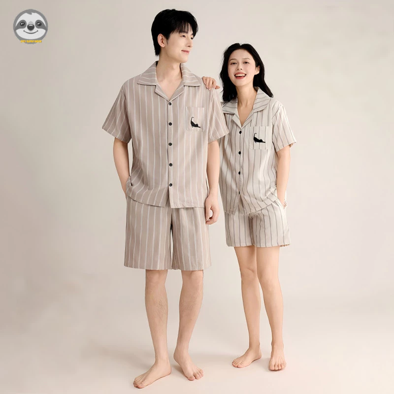 Bộ đồ ngồi kiểu dáng cặp đôi bằng vải cotton hai lớp loại A / Quần Short ngắn tay thêu sọc Bộ đồ cotton nguyên chất / Nam nữ Bộ đồ Loungewear đơn giản / Bộ đồ hai lớp mùa hè