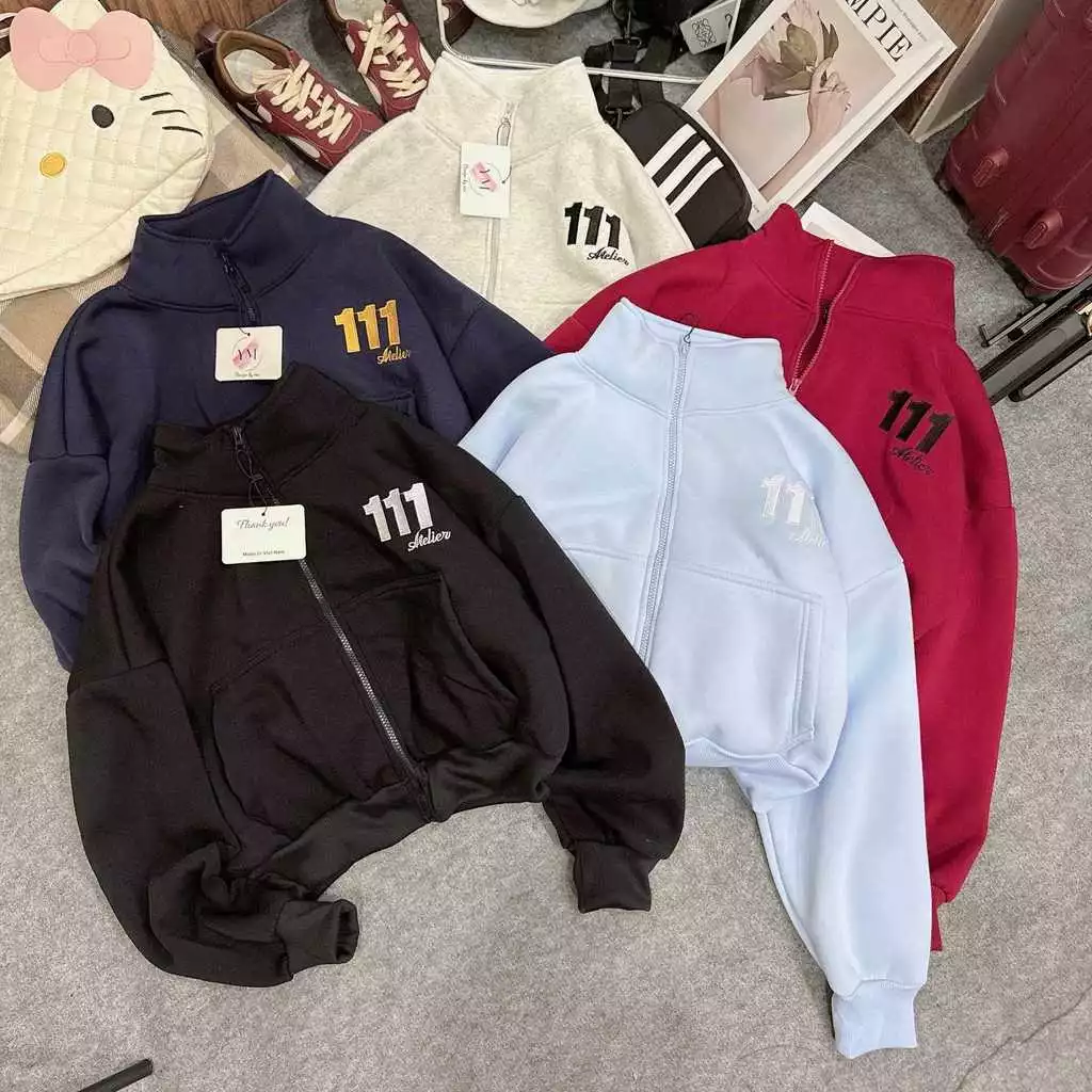 Áo Khoác Nỉ Ngoại Cổ Trụ Bông Thêu Số 111 Intuition Dáng Croptop Khóa Kéo Thời Trang LANO STORE
