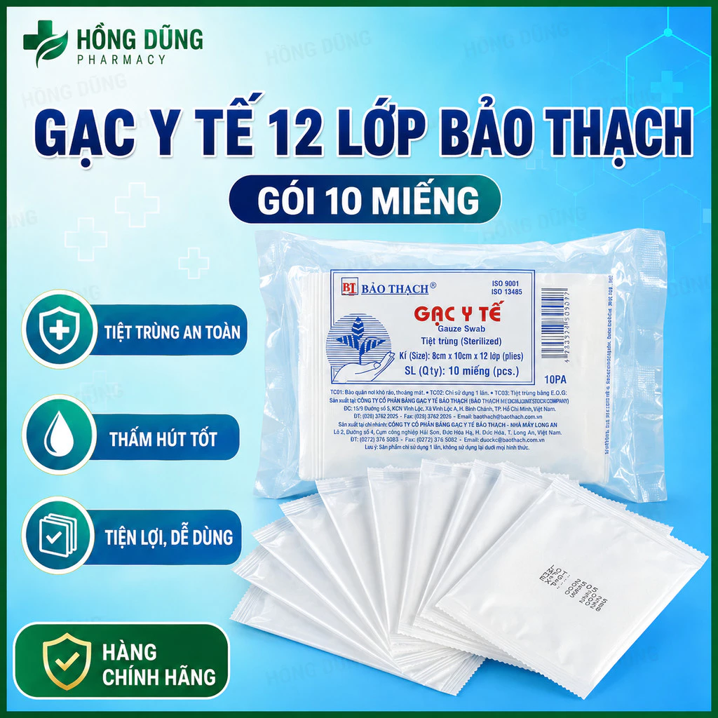 Băng gạc y tế tiệt trùng Bảo Thạch 10 miếng, 12 lớp - Nhiều cỡ tùy chọn
