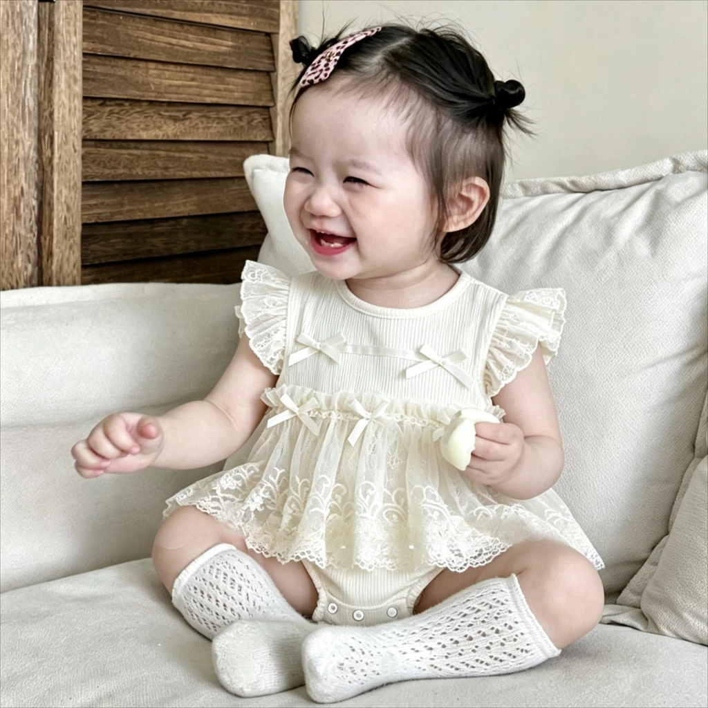 Mùa Hè Bé Gái Nơ Dễ Thương Trang Trí Áo Liền Quần Ren Không Tay Quần Áo Cho Bé 0-2 Tuổi
