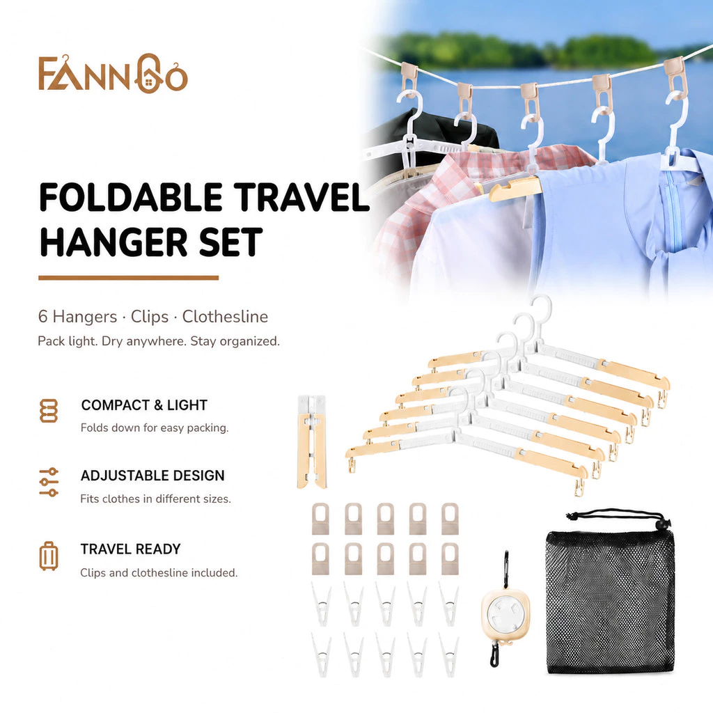 Bộ móc treo du lịch có thể gập lại FannGo (6 chiếc) có kẹp & dây phơi quần áo có thể điều chỉnh, móc treo di động có thể gập lại có túi đựng - Vali màu be Khách sạn RV Cruise Essentials
