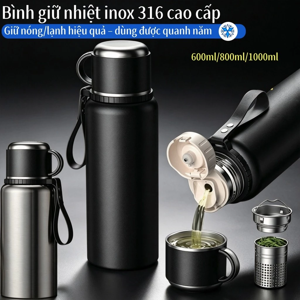 Bình Giữ Nhiệt Nóng Lạnh Lõi Inox 316 Chống Gỉ Chống Tràn Kèm Nắp Lọc Trà Dung Tích 600ml800ml1000ml