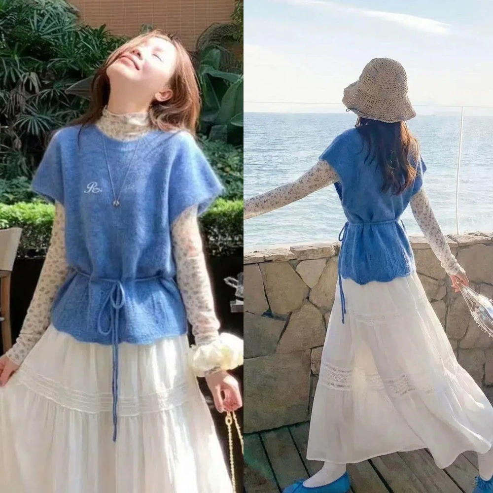 Áo Khoác Dây Rút Màu Xanh Cho Nữ Mùa Hè Mới Thời Trang Mới Áo Len Không Tay Áo Khoác Ghi Lê Vest