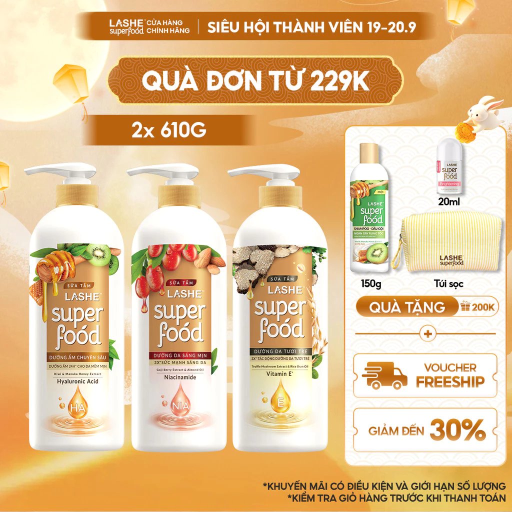 Combo 2 Sữa Tắm LASHE SUPERFOOD Dưỡng Da Sáng Mịn/ Dưỡng Ẩm Chuyên Sâu/ Dưỡng Da Tươi Trẻ/ Dưỡng Da Căng Bóng 610Gx2