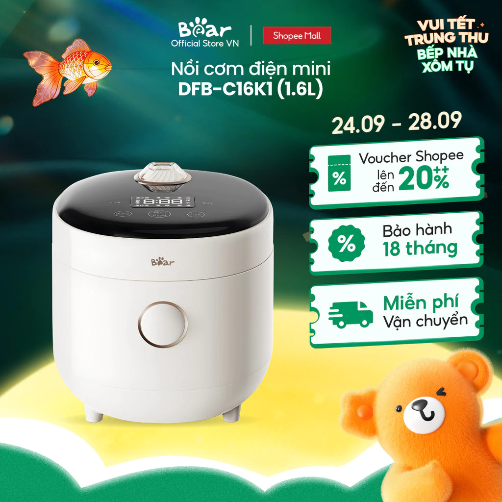 Nồi cơm điện MINI 0.5L (2 người ăn) (dung tích tổng 1.6L) Bear DFB-C16K1 - Hàng Chính Hãng