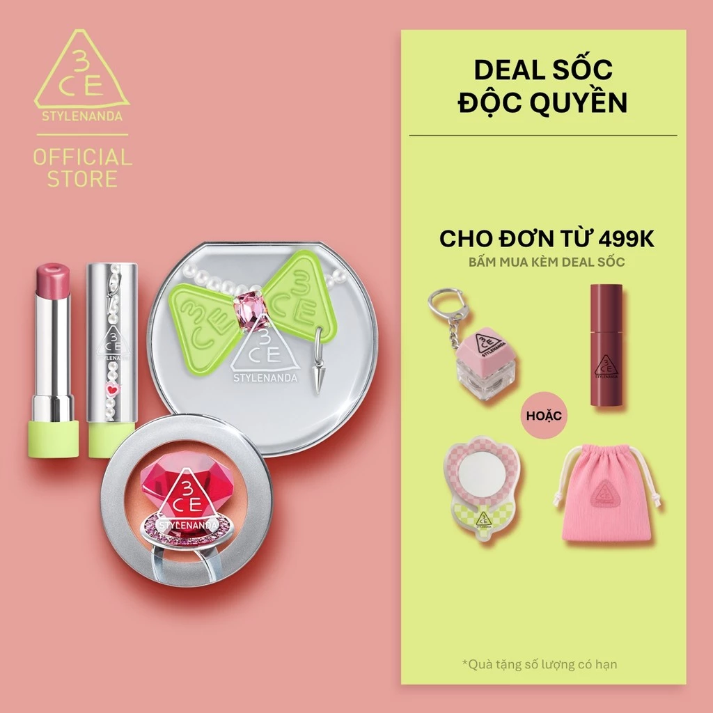 3CE BST MIKSHIMAI - PHẤN NƯỚC FITTING MESH CUSHION, SON BÓNG GLAZY LIP GLOW, MÁ HỒNG FACE BLUSH