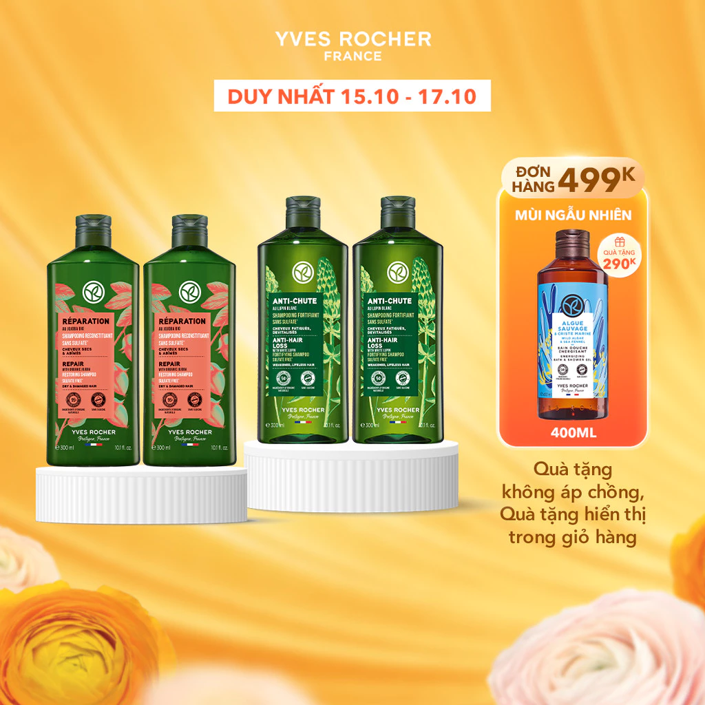 Combo 2 dầu gội thiên nhiên không Sulfate không Silicone Yves Rocher 300mlx2 (nhiều phân loại)