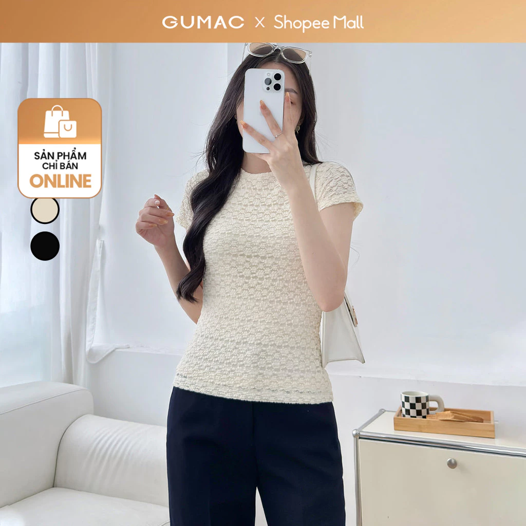 Áo thun ren nữ tay ngắn cổ tròn ôm nhẹ nhàng thời trang GUMAC LATF0918