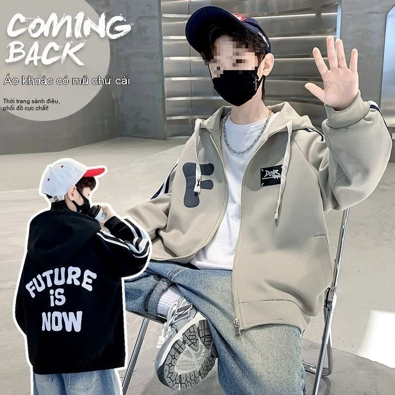 Áo hoodie bé trai phong cách hàn quốc tế hàng mùa xuân và mùa thu thậm chí mũ áo vải bông