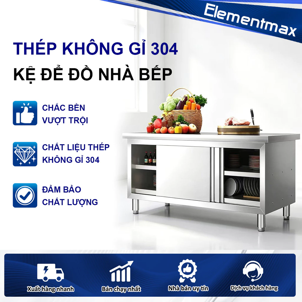Bàn bếp inox có cửa kéo Bàn chặt đồ bếp công nghiệp đa năng Tủ chứa đồ Thiết kế bao quanh kín 2 tầng chứa đồ