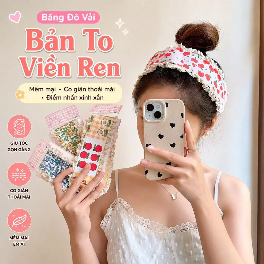 Băng đô vải bản to viền ren họa tiết hoạt hình, co giãn mềm mại, giữ tóc gọn gàng khi rửa mặt trang điểm