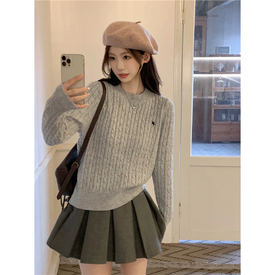 Áo Len Nữ Dệt Kim, Áo Sweater Dệt Kim Vặn Xoắn, Áo Len Cổ Tròn Tay Dài Màu Trơn Hàng Loại 1