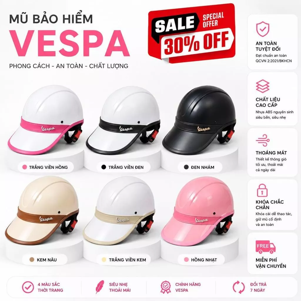 Mũ Bảo Hiểm Vespa Luoi Trai Nam Nữ Khoét Lỗ Chừa Đuôi Tóc ABS Bền Đẹp, Dây Khóa Chắc Chắn, Xuất Xứ Việt Nam  [MQ]