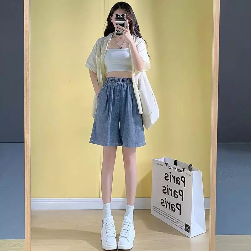 Nữ Mùa Hè Tencel Denim Quần Short Mỏng Rời Thẳng Plus Kích Thước Chân Rộng Năm Điểm Quần