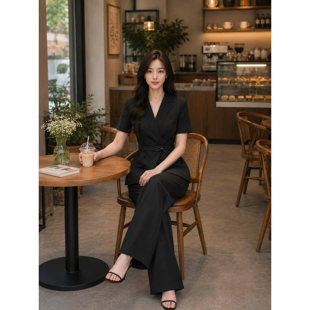 Set Vest Cổ V Vạt Chéo Tay Ngắn Cao Cấp Áo 2 Lớp Phối Quần Tây Ống Suông Tôn Dáng Thanh Lịch THOITRANGNAM1986