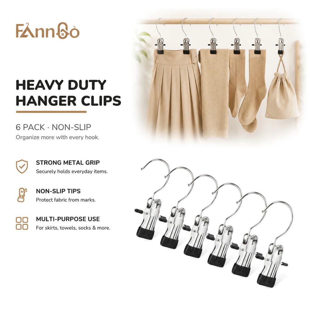 Kẹp đa năng FannGo (6 gói) Kẹp hạng nặng, dành cho quần, váy, khăn tắm, tất, bốt và túi xách, Thích hợp cho tổ chức tủ quần áo và lưu trữ du lịch