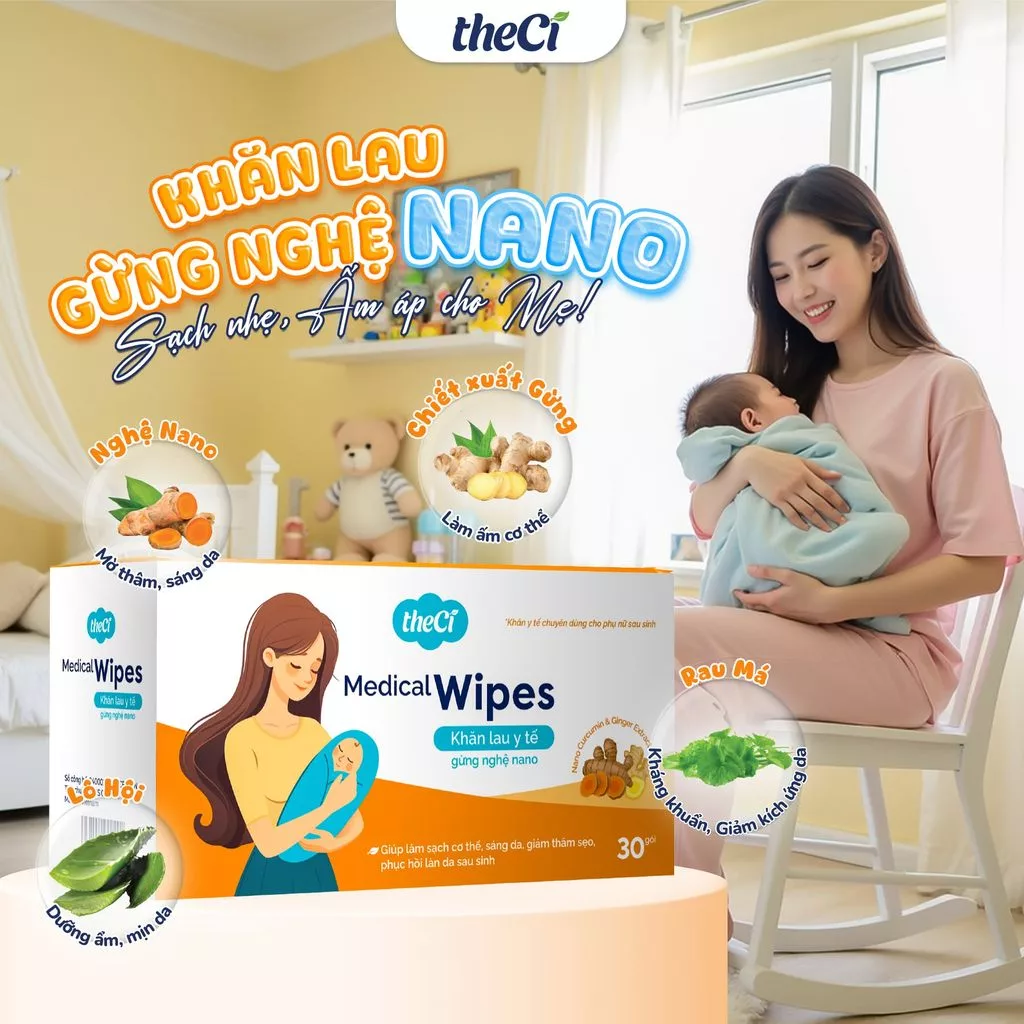 ✨ Khăn Lau Gừng Nghệ theCi Chính Hãng Hộp 30 Gói - Giữ Ấm Mẹ Bầu [Voucher Extra, Freeship]