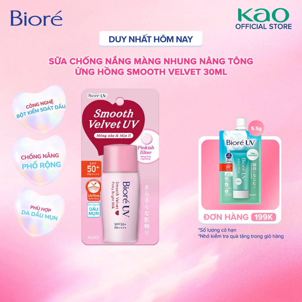 [LIVESTREAM] Biore UV Smooth Velvet Sữa Chống Nắng Màng Nhung Mịn Lì - Nâng Tông Sáng Hồng SPF50+/PA++++ 30ml