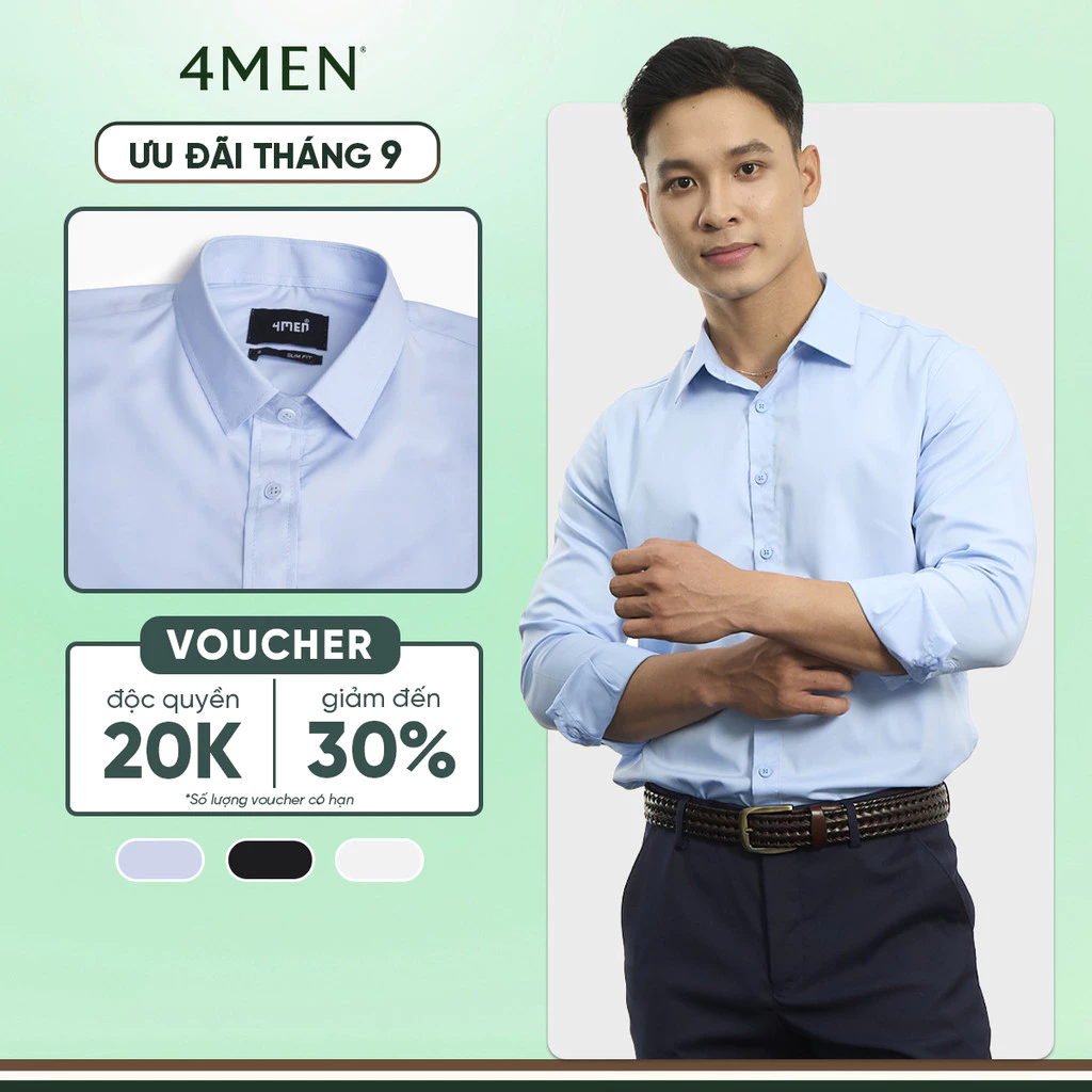 Áo Sơ Mi Trơn Tay Dài Đẹp 4MEN Form Slimfit SM205​ Vải Baboo, Công Sở, Trẻ Trung