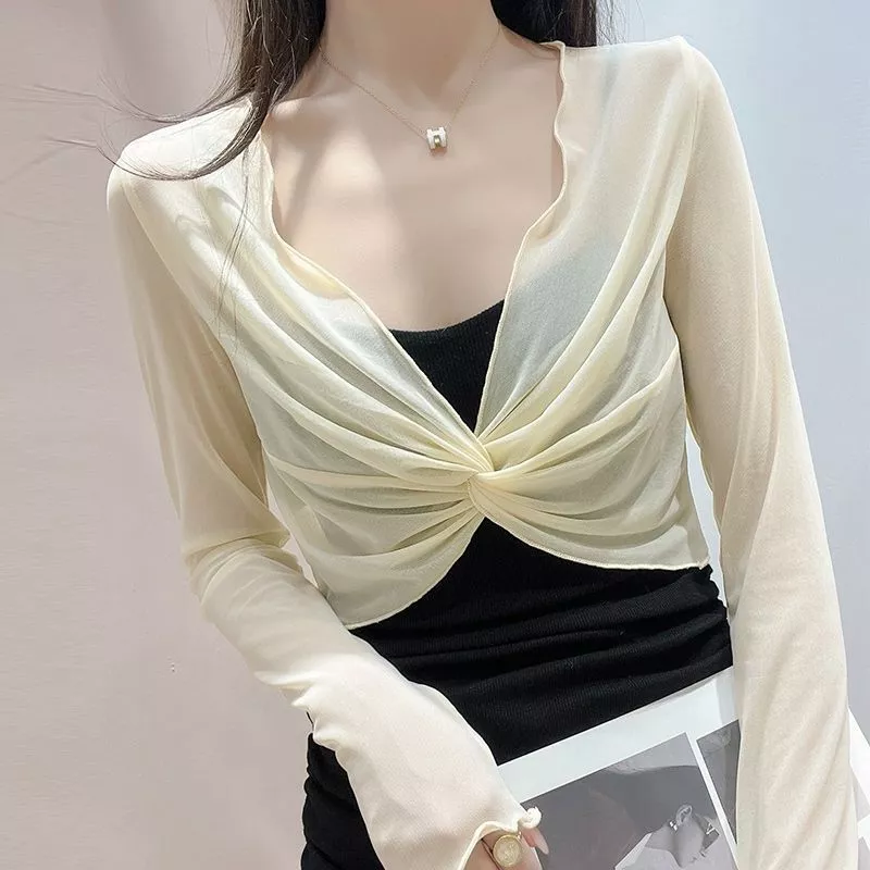 Váy Quây Nữ Áo Choàng Mỏng Dài Tay Thấm Mưa Mềm Mại Lưới Trong Suốt Ngắn Che Nắng Mùa Hè Màu Kem Trắng Đen