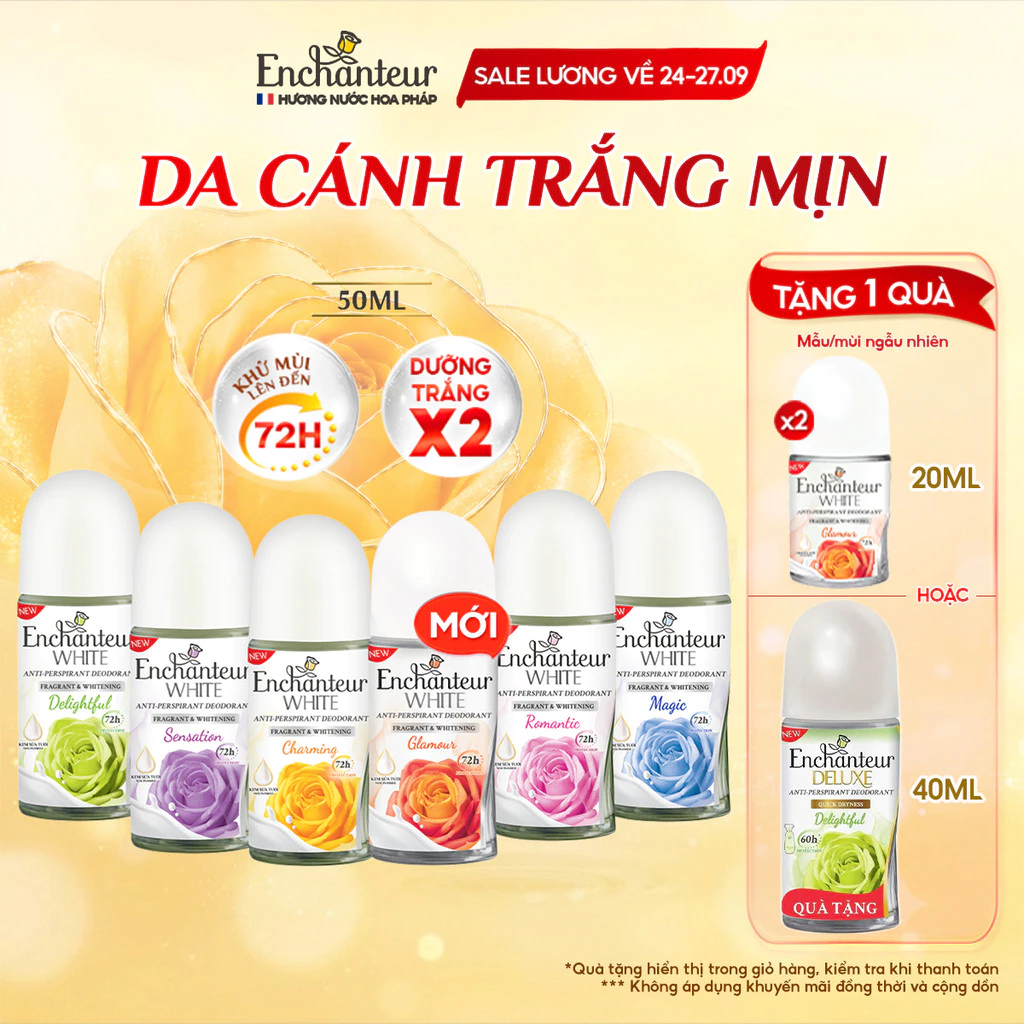 [PHIÊN BẢN MỚI] Lăn khử mùi tới 72H Enchanteur dưỡng sáng da X2 từ Niacinamide & Kem sữa tươi 50ml