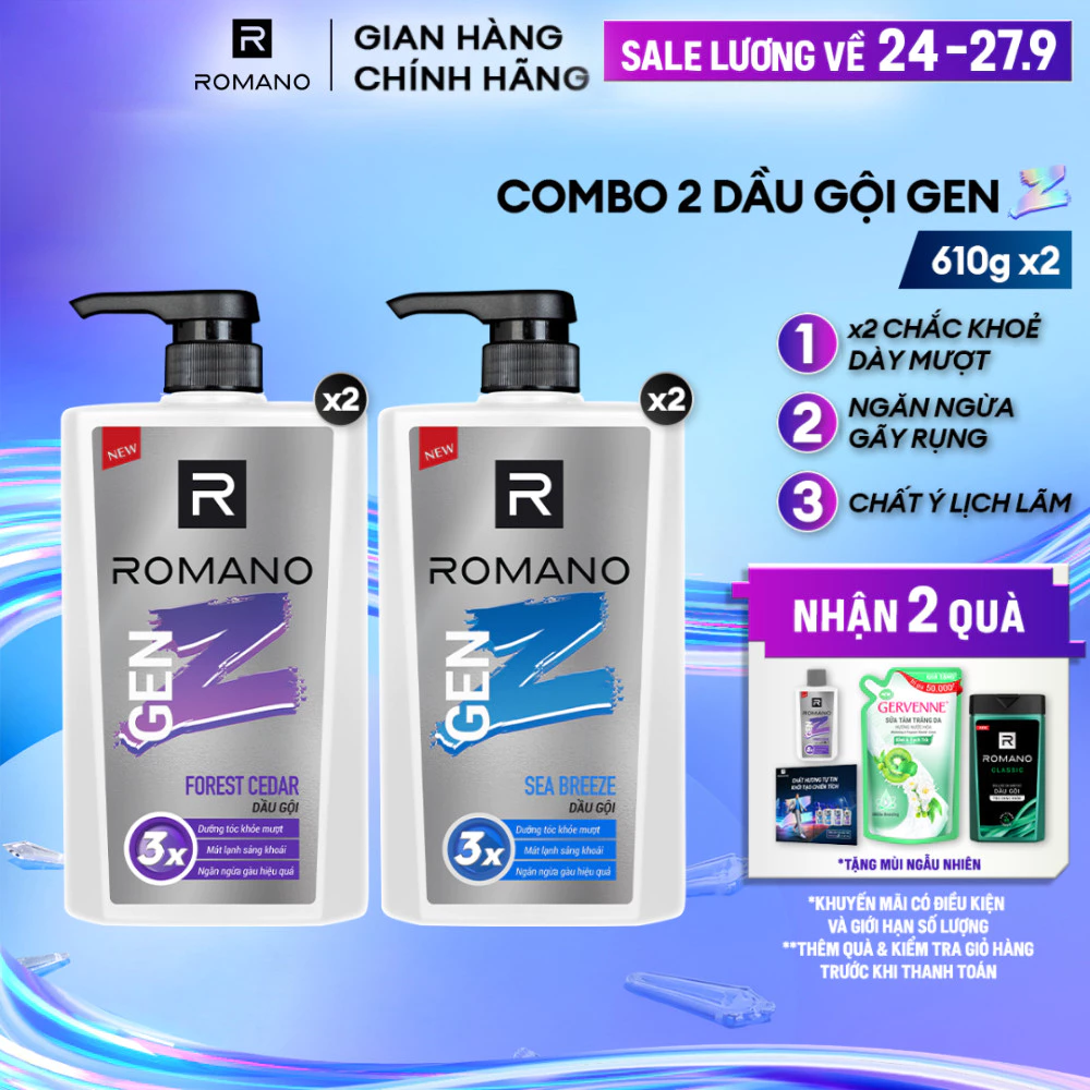 Combo 2 Dầu gội nam Romano Gen Z Hương Sea Breeze/ Forest Cedar 610g/ chai - 2 mùi hương