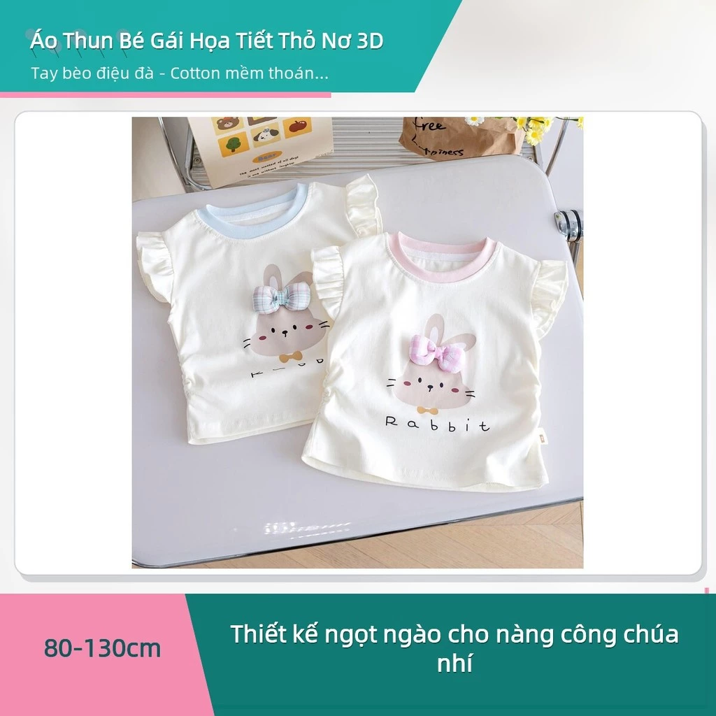 Áo Thun Bé Gái Hè Tay Bèo Họa Tiết Thỏ 3D Nơ Xinh - Cotton Mềm Thoáng 80-130cm ✨deerlu05.vn✨