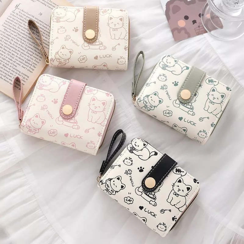 Ví Ví Nữ Họa Tiết Mèo Dễ Thương Chất Liệu Da Mềm Chống Trộm Nhiều Ngăn Đựng Thẻ Ví Đa Năng Học Sinh Phong Cách Sáng Tạo