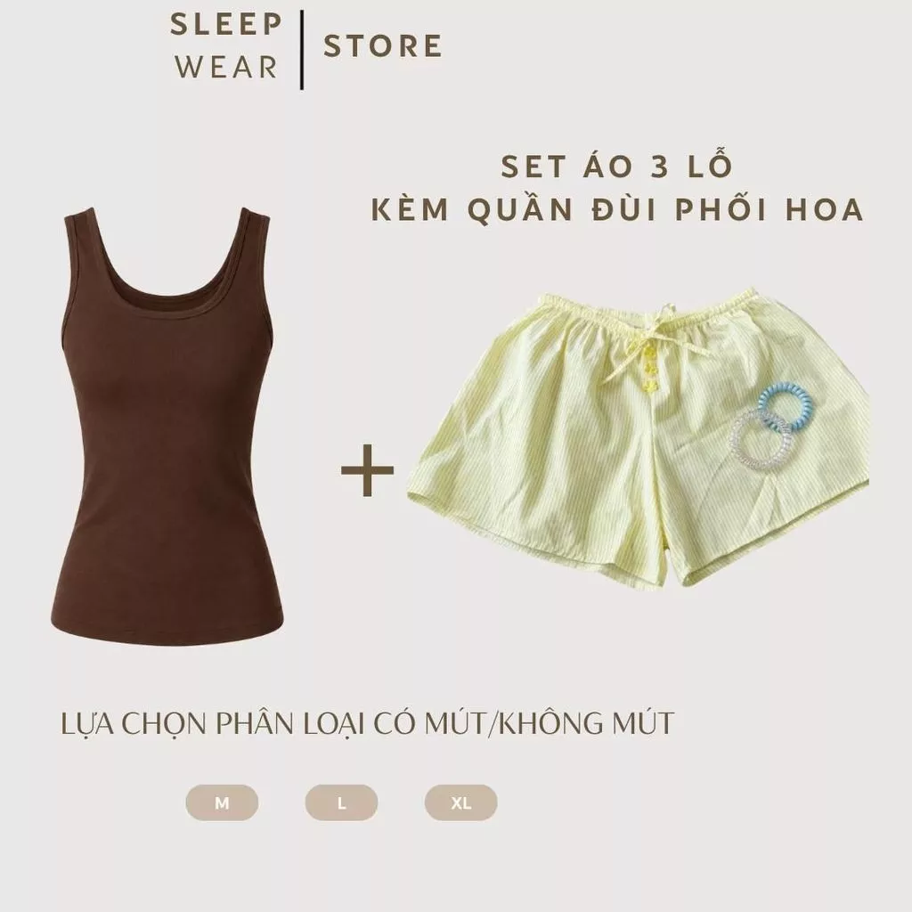 [ÁO 3 LỖ CÓ MÚT NGỰC] SET ÁO 3 LỖ DÁNG DÀI KÈM QUẦN ĐÙI PHỐI HOA THẮT EO HÁCH DÁNG