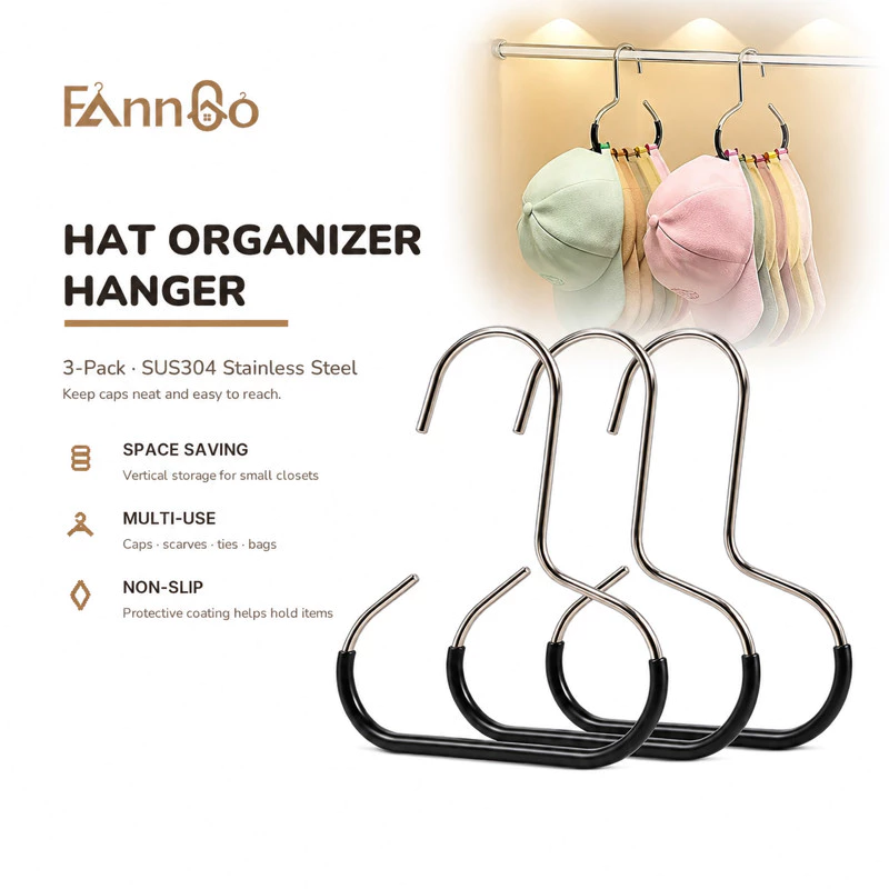 Giá để mũ FannGo 3 chiếc bằng thép không gỉ SUS304, giá để mũ đa năng cho tủ quần áo, để mũ, túi xách và thắt lưng, giá treo di động cho ký túc xá và du lịch.