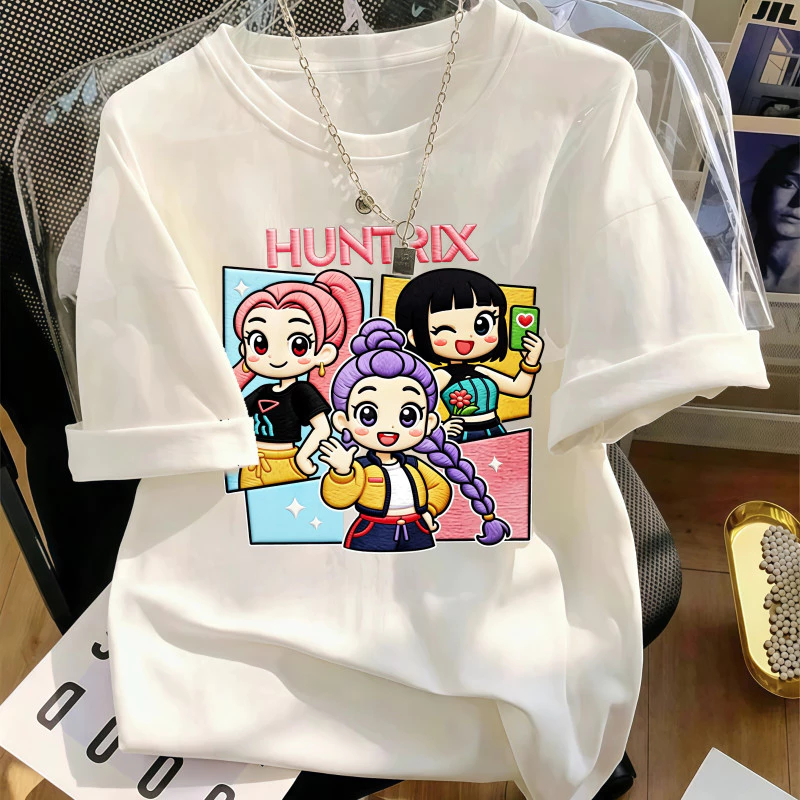 Áo thun nữ casual tay ngắn cổ tròn trắng in hình hoạt hình nhóm cô gái vải mềm mát mẻ kiểu đơn giản thời trang hàng ngày