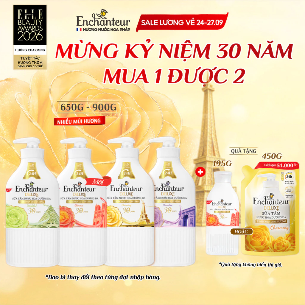 [KỶ NIỆM 30 NĂM - TẶNG 195G/450G] Sữa tắm hương nước hoa Pháp Enchanteur Deluxe 650g / 900g (Tặng mùi ngẫu nhiên)